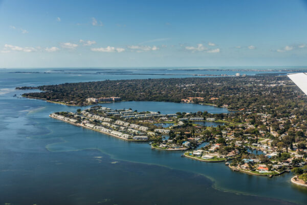 Aerial view of downtown St. Petersburg, Florida. Landing at the airport in St. Petersburg