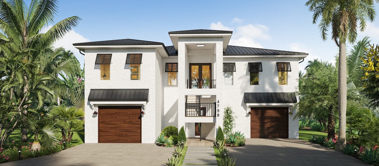 White and Brown Exterior of the Marbella New Home Floor Plan with Multiple Stories and an Elevator