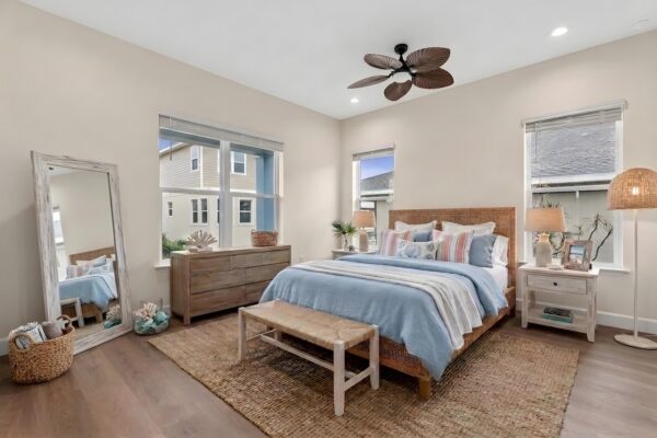 WinWay Homes Corner Bedroom in Soothing Coastal Shades with Multiple Windows, Wood Furniture and Natural Materials