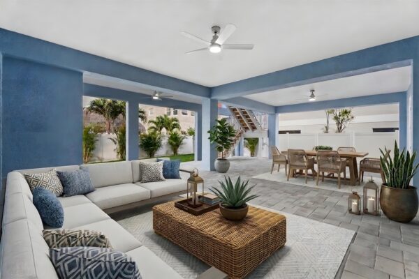 WinWay Homes Dramatic Living Area in Blues, Whites, Gray Tile Flooring and Indoor-Outdoor Area