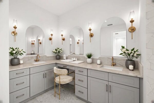 Large Master Bathroom with Corner Double Vanity in Pale Gray and Neutral Tones with Three Covered Mirrors, Chair, and Sconce Mirrors