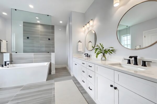 WinWay Homes Spa Bathroom With White Double Vanity, Freestanding Tub, Glass Shower, Gray Tile Flooring & Round Mirror