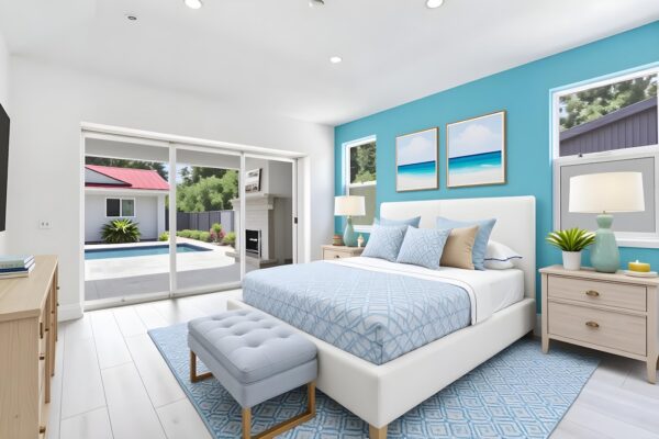 WinWay Homes Bedroom with Sliding Glass Doors, Aqua Accent Wall, Blue Bedding, Light Flooring, White Nightstands