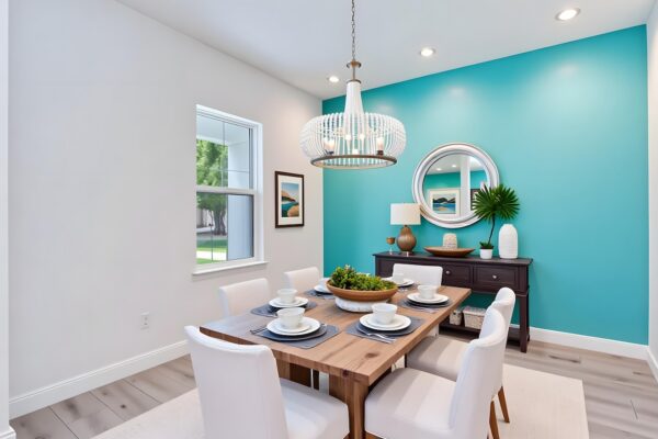 WinWay Homes Dining Room with Aqua Accent Wall, Wood Table, Statement Chandelier, White Upholstered Chairs & Light Wood-Look Flooring