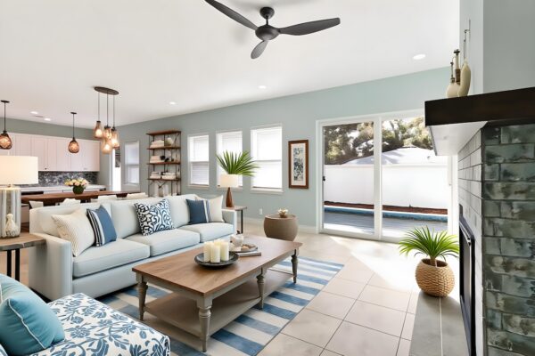 WinWay Homes Living Room with blue seating, fireplace wall, sliding glass doors, light tile flooring & open-concept layout
