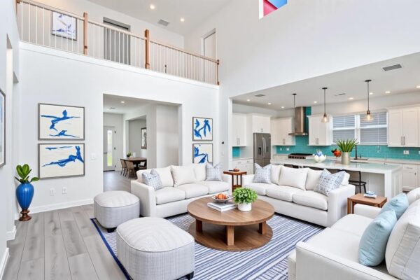 WinWay Homes Open Living Room with white seating, loft overlook, turquoise kitchen cabinetry, striped rug & light wood-look flooring