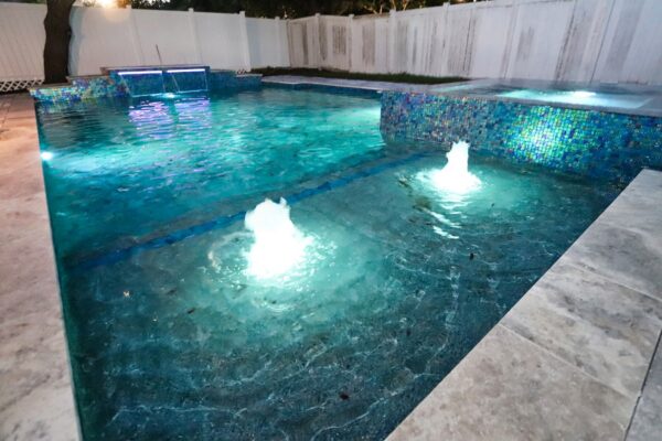 WinWay Homes Pool in Blue Tile at Night with Lighting, Water Features at Night