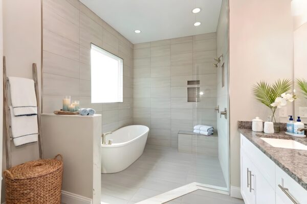 WinWay Homes Spa Bathroom with Freestanding Tub, Walk-In Shower, Light Tile Walls & White Vanity