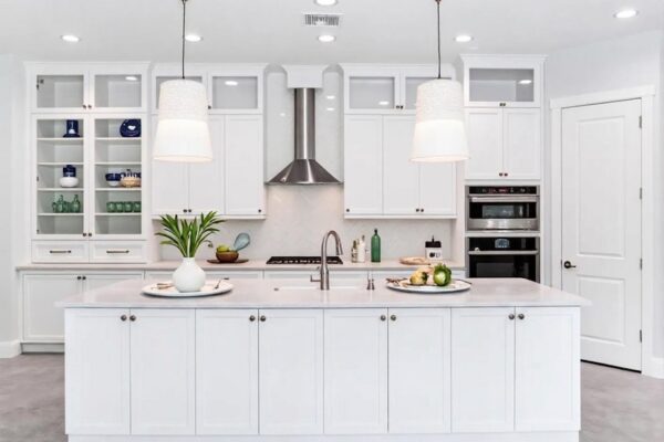 WinWay Homes Contemporary Kitchen in White with Large Kitchen Island, Extensive Cabinetry with Built-in Shelving and Stainless Steel Hood