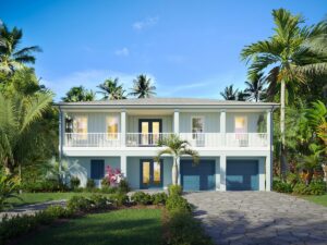 Blue and White Elevated Home in the Oslo Floor Plan by WinWay Homes