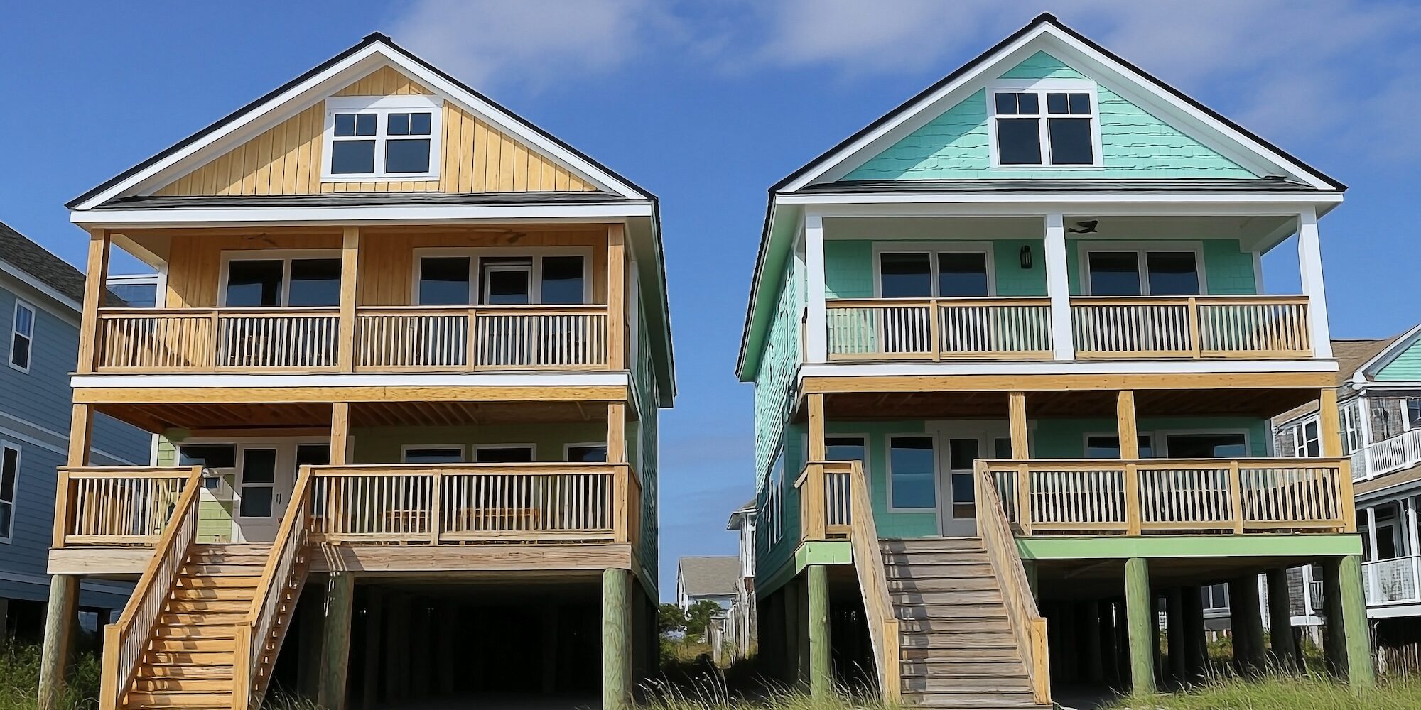 A captivating image showcases two colorful, elevated coastal homes under a clear blue sky. These houses, with their vibrant exteriors and elevated design, evoke a sense of seaside relaxation. This composition captures the essence of coastal living, blending architectural design with the beauty of the natural surroundings.